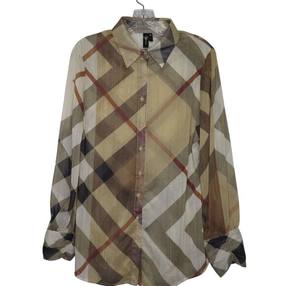 Vintage Striped Plaid Sheer Button-Down Shirt Long Sleeves Pointed Collar Size M - Picture 2 of 11